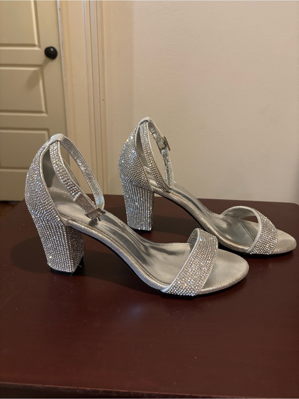 Valenti Franco Silver Rhinestone Block Heel Sandals